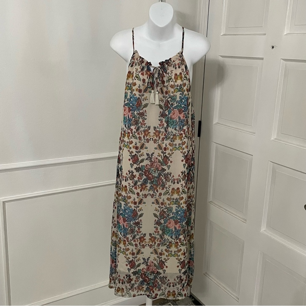 Lucky Brand A-Line Chiffon Floral Sleeveless Multicolor Beige Dress.